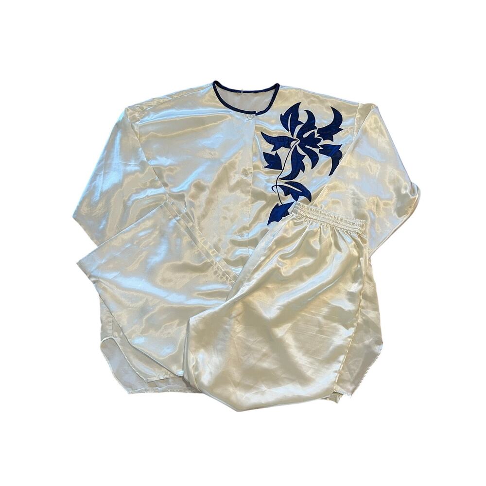 Vintage Victoria's Secret Gold Label Satin Pajama Set Ivory Blue Embroidered | M